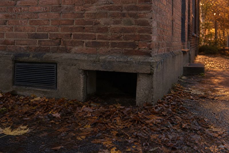 Narożnik fundamentu starej kamienicy o zmierzchu, szczelina przy kratce wentylacyjnej i mokre liście