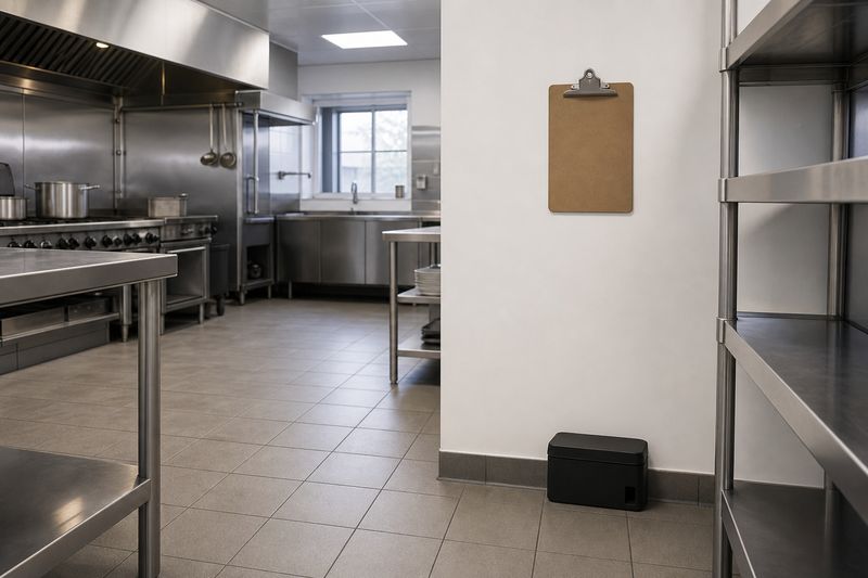 Kuchnia gastronomiczna ze stali nierdzewnej z karmnikiem monitoringowym przy ścianie i kartą przeglądów