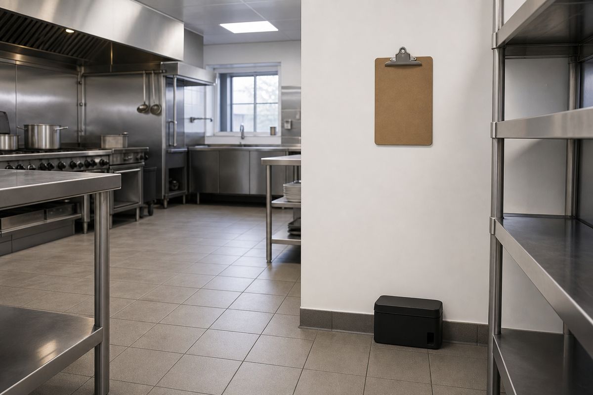 Kuchnia gastronomiczna ze stali nierdzewnej z karmnikiem monitoringowym przy ścianie i kartą przeglądów